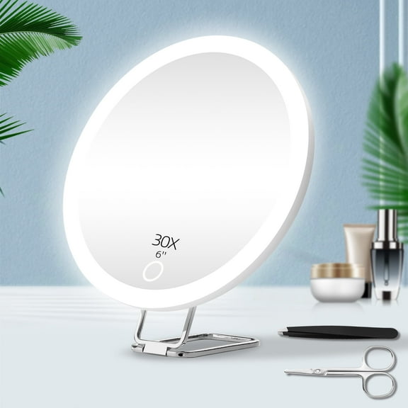 "Suupvaor 30x Magnifying LED Mirror, Rechargeable Lighted Cosmetic Mirror, 6"" with Suction Cups & Table Stand"