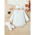 thumbnail image 4 of Baby Girls 3Pcs Fall Outfits, 3 6 9 12M Long Sleeve Button Front Ruffle Romper + Socks + Headband Set, 4 of 10