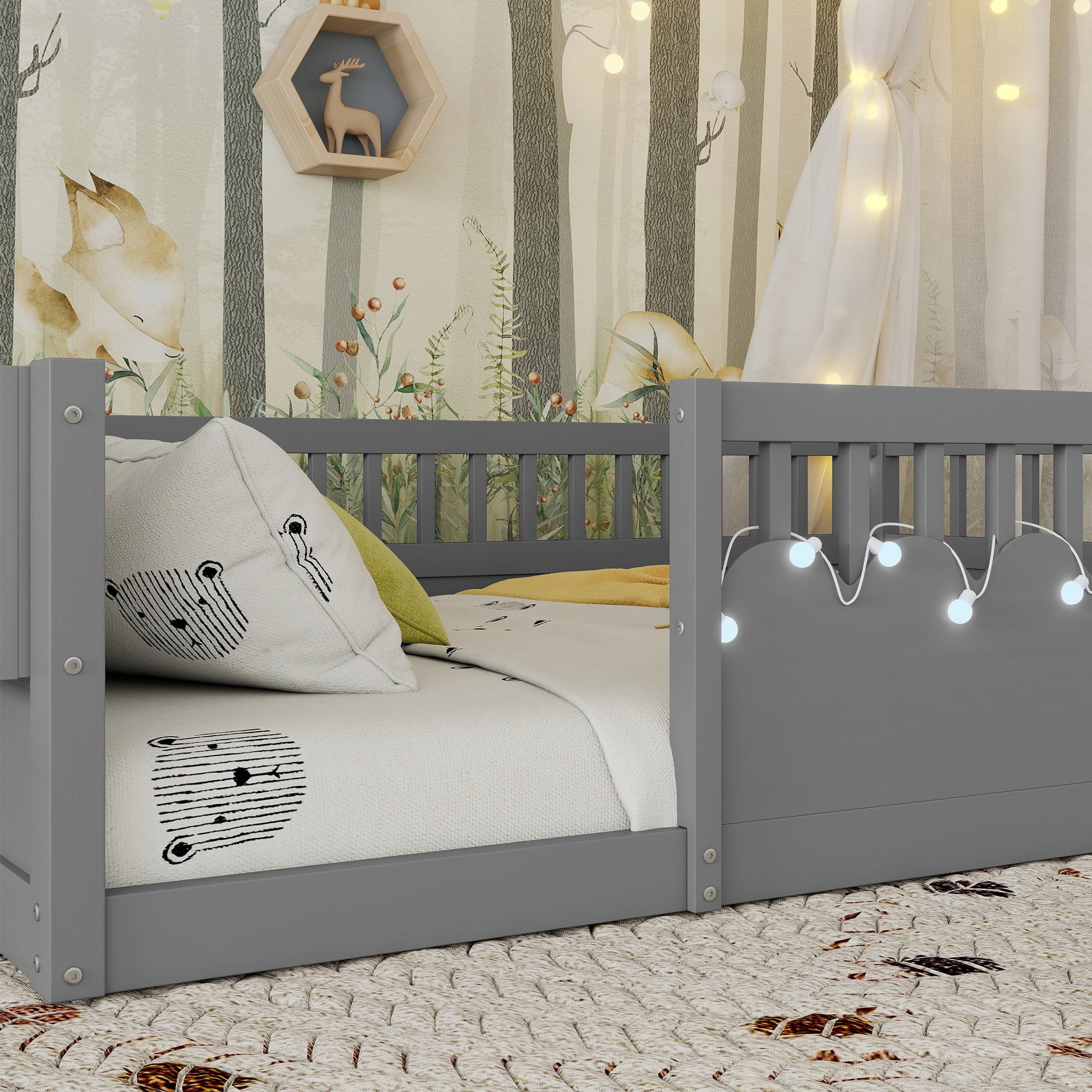 Montessori Floor Bed with High Rails, LED Lights & Storage Shelf, Safe & Wider Opening Gate Design, Full Size Floor Bed for Boys & Girls, Gray