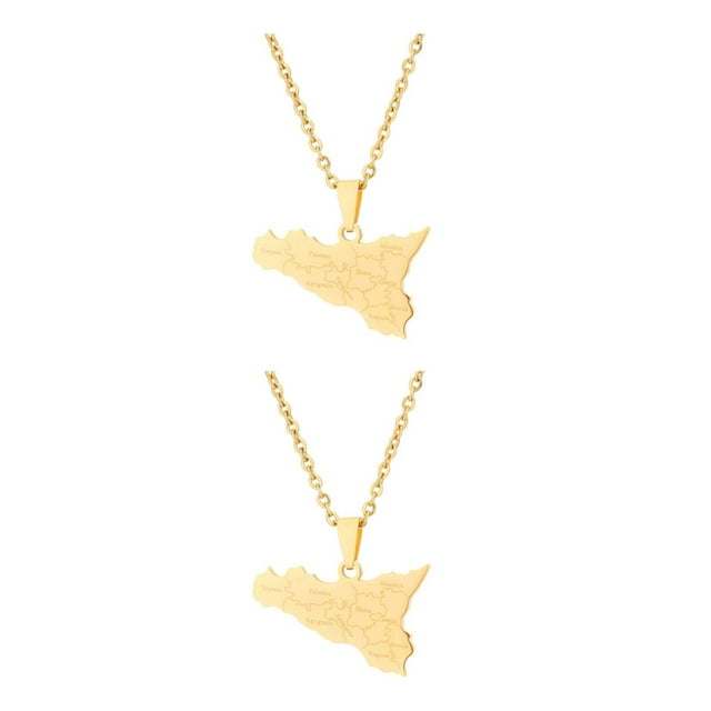 Transemion Stainless Steel Map Necklace Personalized Jewelry Piece For Map Lovers Personality Map Of Sicilia Stylish Gift gold 2Set