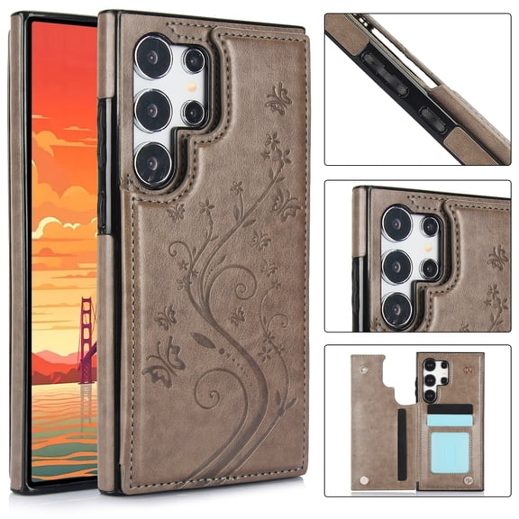 Wallet Phone Case For Samsung Galaxy S26 Ultra with Card Holder, Premium PU Leather Cute Butterfly Patterned Magnetic Back Flip Clasp Cover Shockproof Case For Samsung Galaxy S26 Ultra,Gray