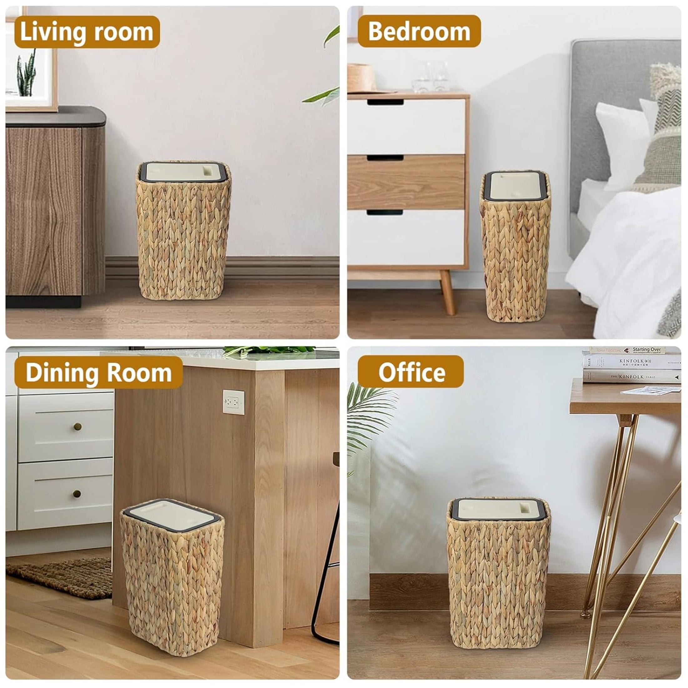 Noble House 2.6 Gallon Boho Rattan Bathroom Trash Can with Press Top Lid, Slim Lidded Wastebasket, Light Brown