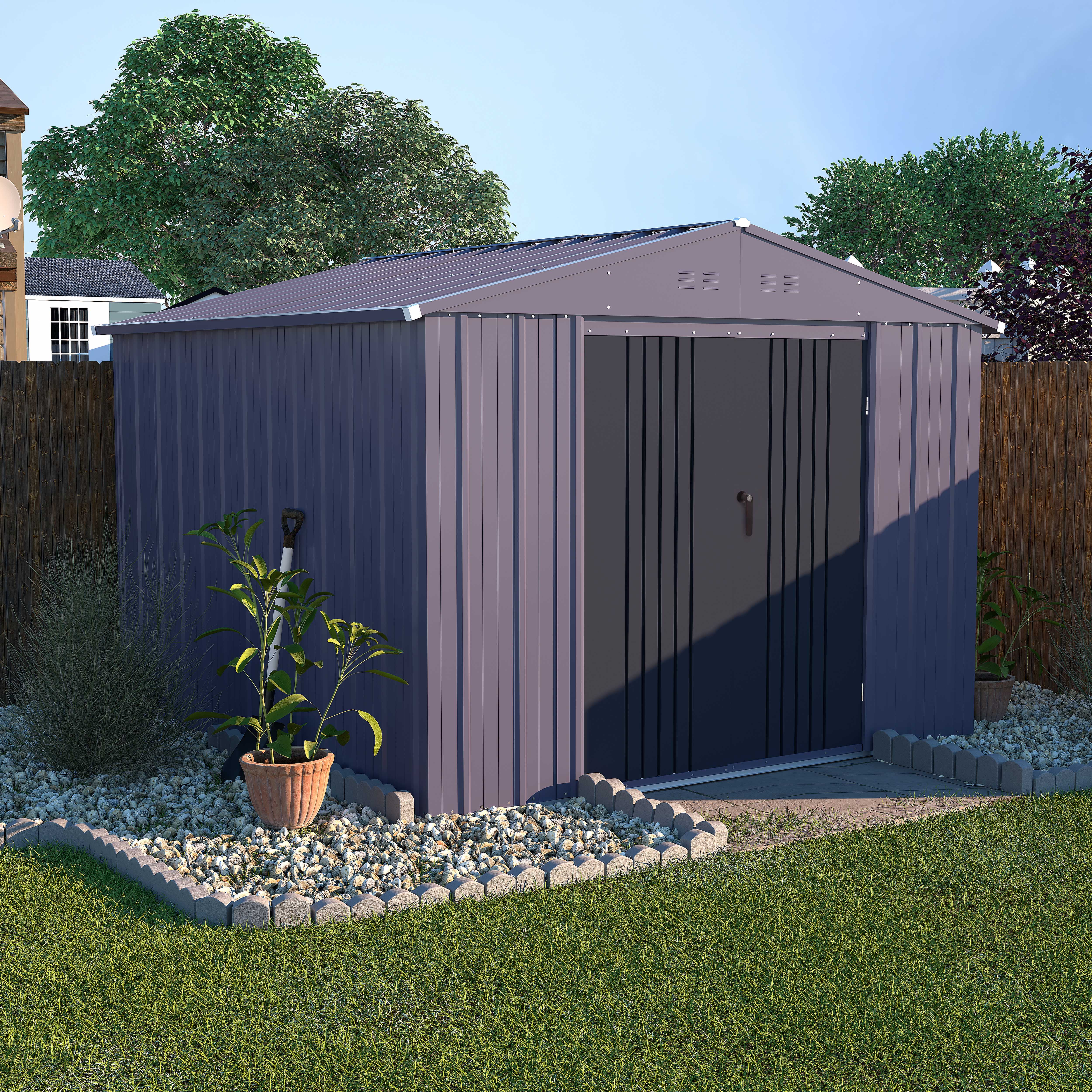 VEIKOUS 8ft x 8ft Outdoor Storage Shed, Galvanized Steel Storage House w/Lockable Sliding Door, Gray
