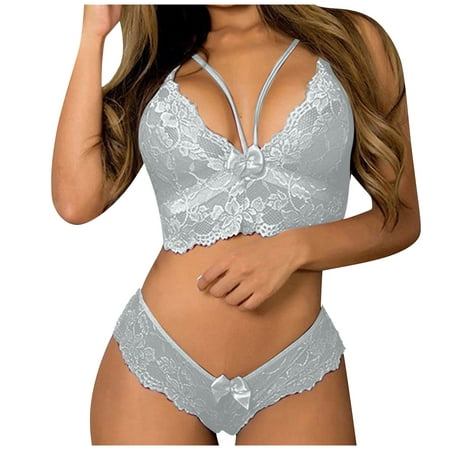 Sehao Women Clothing Sexy Underwire Push Up Strappy Embroidered Mesh Sheer  Lingerie Set For Women Bra Lace Grey 