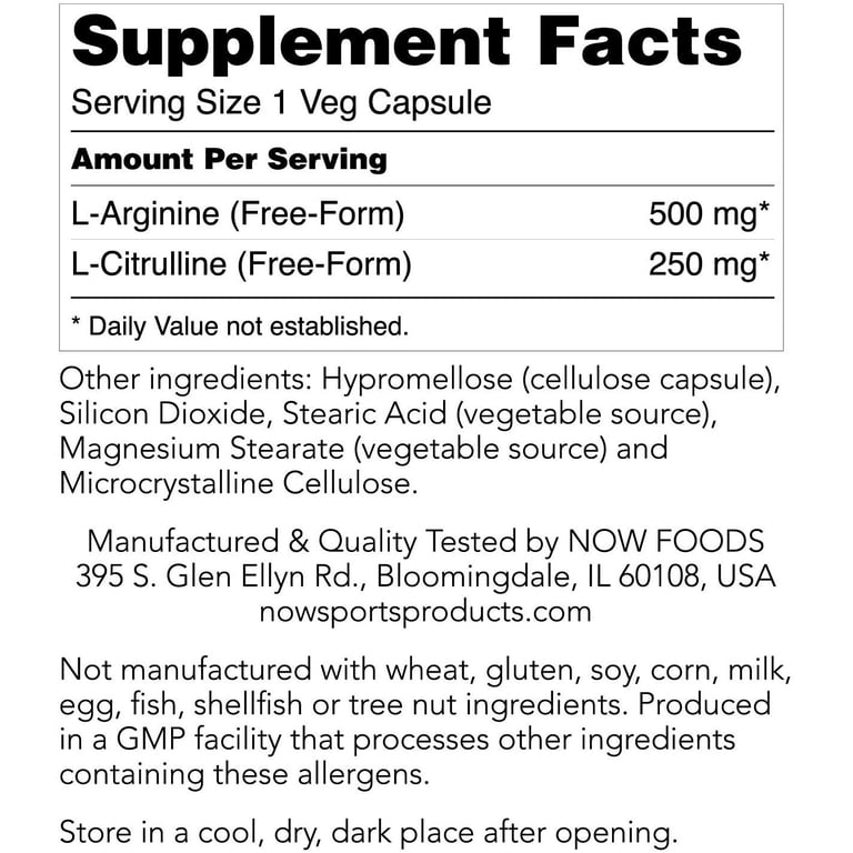 NOW Foods L-Arginine (500 mg 250 Veggie Capsules) Amino Acid
