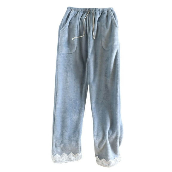 WMTBSRSW Womens Lace Trim Fluffy Pajama Pants Fuzzy Fleece Cozy Lounge Pants with Pockets Winter Warm Drawstring Pj Bottoms Blue