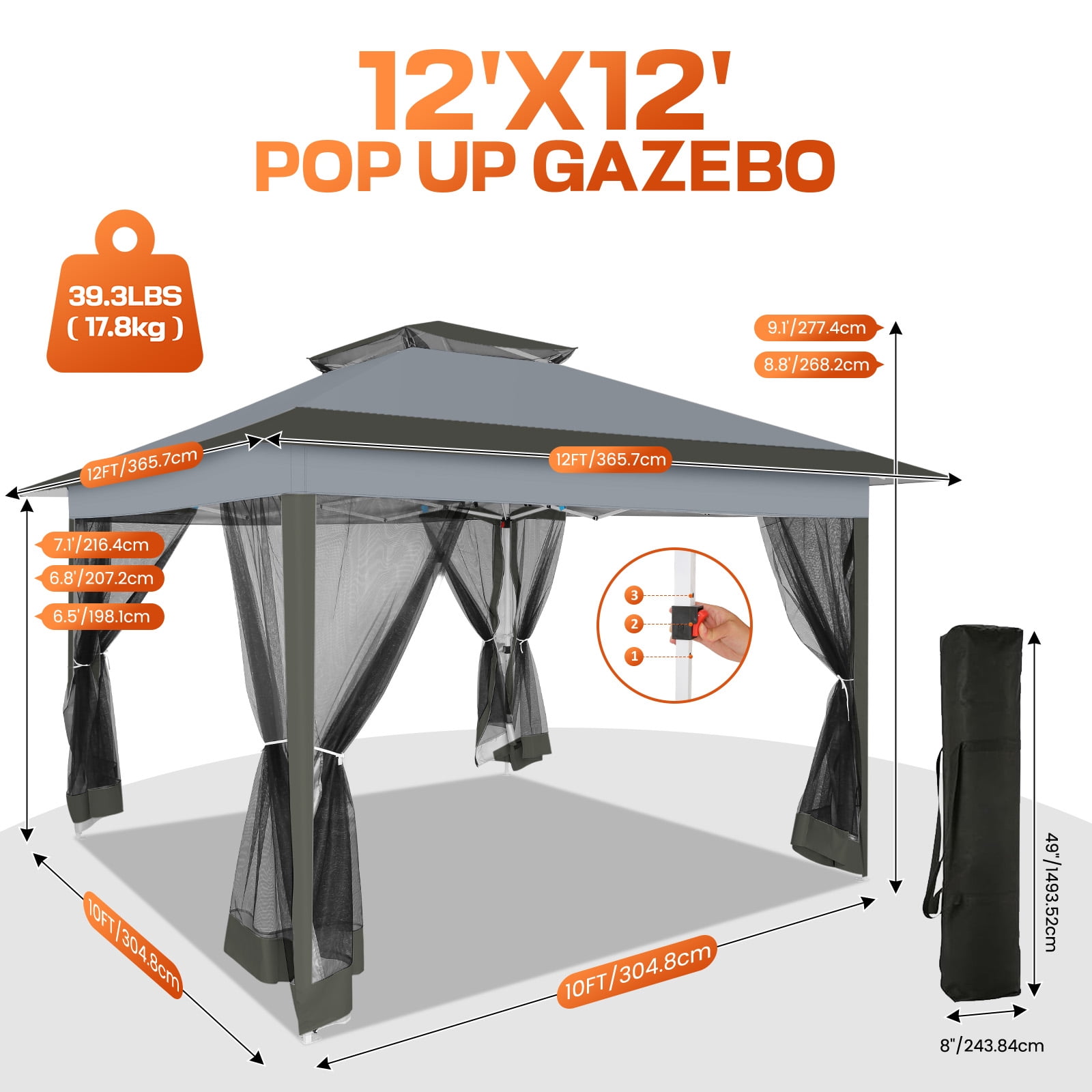 HOTEEL 12x12 EZ Pop Up Gazebo Tent with Sidewalls,Patio Gazebo Instant Shelter for Outdoor Party Camping Backyard Beach with Carry Bag,Stakes,Ropes,Gray