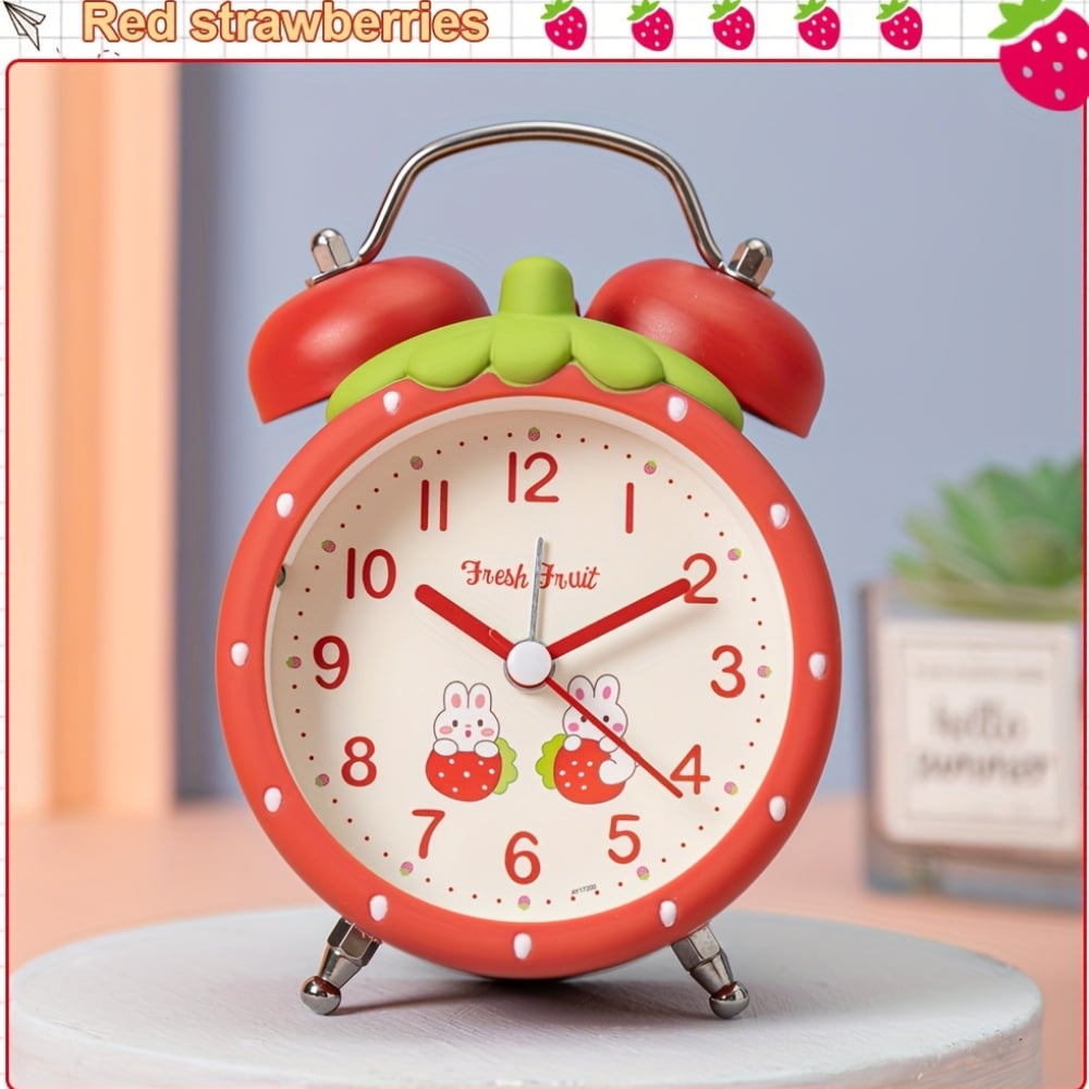 Strawberry-shaped alarm clock | Modern 3.5-inch battery-powered silent alarm clock with dual bells and a night light, suitable for offices, homes, kitchens, bedrooms, and schools.