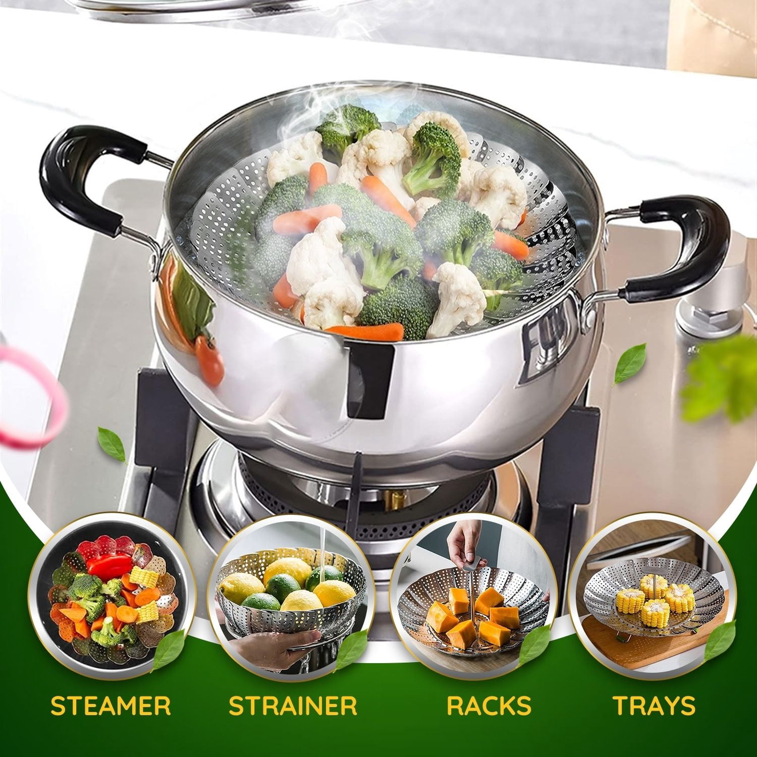 Stainless Steel Vegetable Steamer Basket with Extendable Handle - Expandable Collapsible Foldable Cooking Insert Fit Instant Pot 3 6 8 Qt Pressure Cooker for Steam Food 7-11 Inch Adjustable