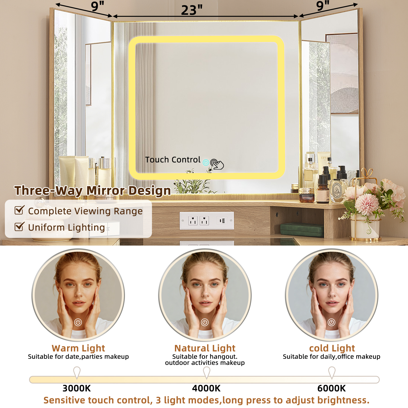 Makeup Vanity Desk with 3 Lighting Options, Dressing Table with Charging Station, Vanity Set with a Large Cabinet, Shelves and Stool, Corner Vanity for Women Girls, Natural Wood