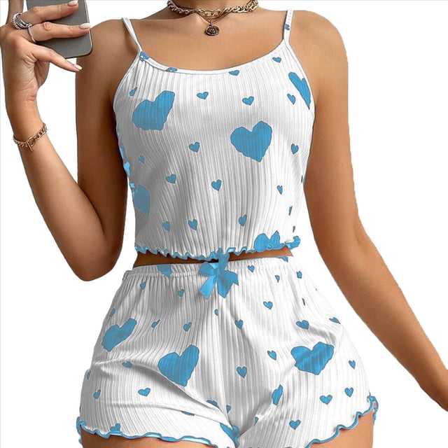 Conjunto de Pijama de 2 Piezas con Estampado Gráfico para Mujer, Top Corto y Pantalones Cortos de Verano, Conjuntos de Ropa de Dormir Acanalados. y Azul M