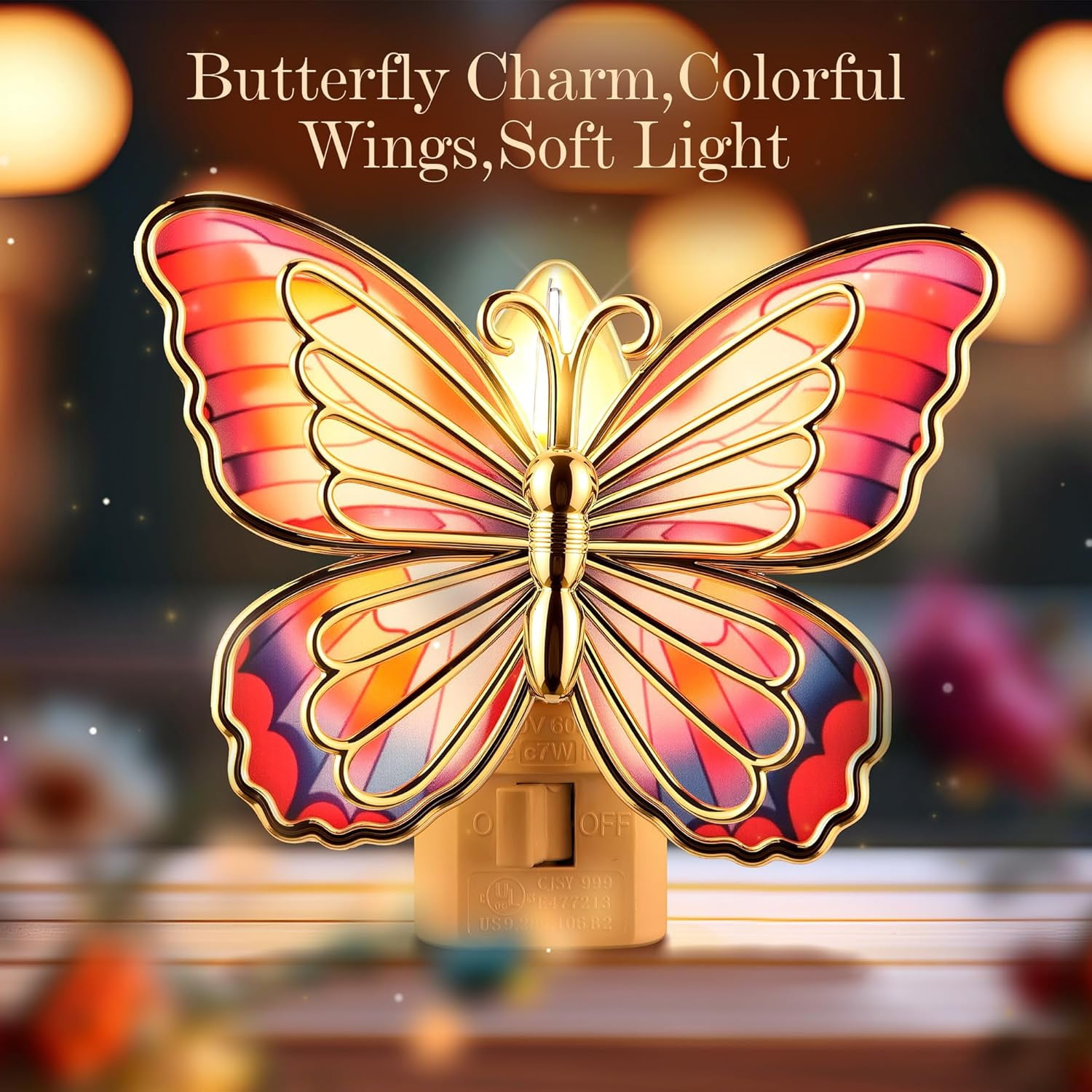 Butterfly Night Light, LED Butterfly Night Light Plug into Wall, Manual On/Off Switch, Monarch with Gold Trim Decorative, Energy Saving, 360° Swivel Plug, Girl Bedroom Bathroom Hallway(Orange)