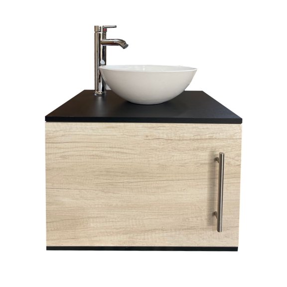 Gabinete Flotante para Baño Sin Llave Y Ovalin (Negro Mate/Encino Polar)