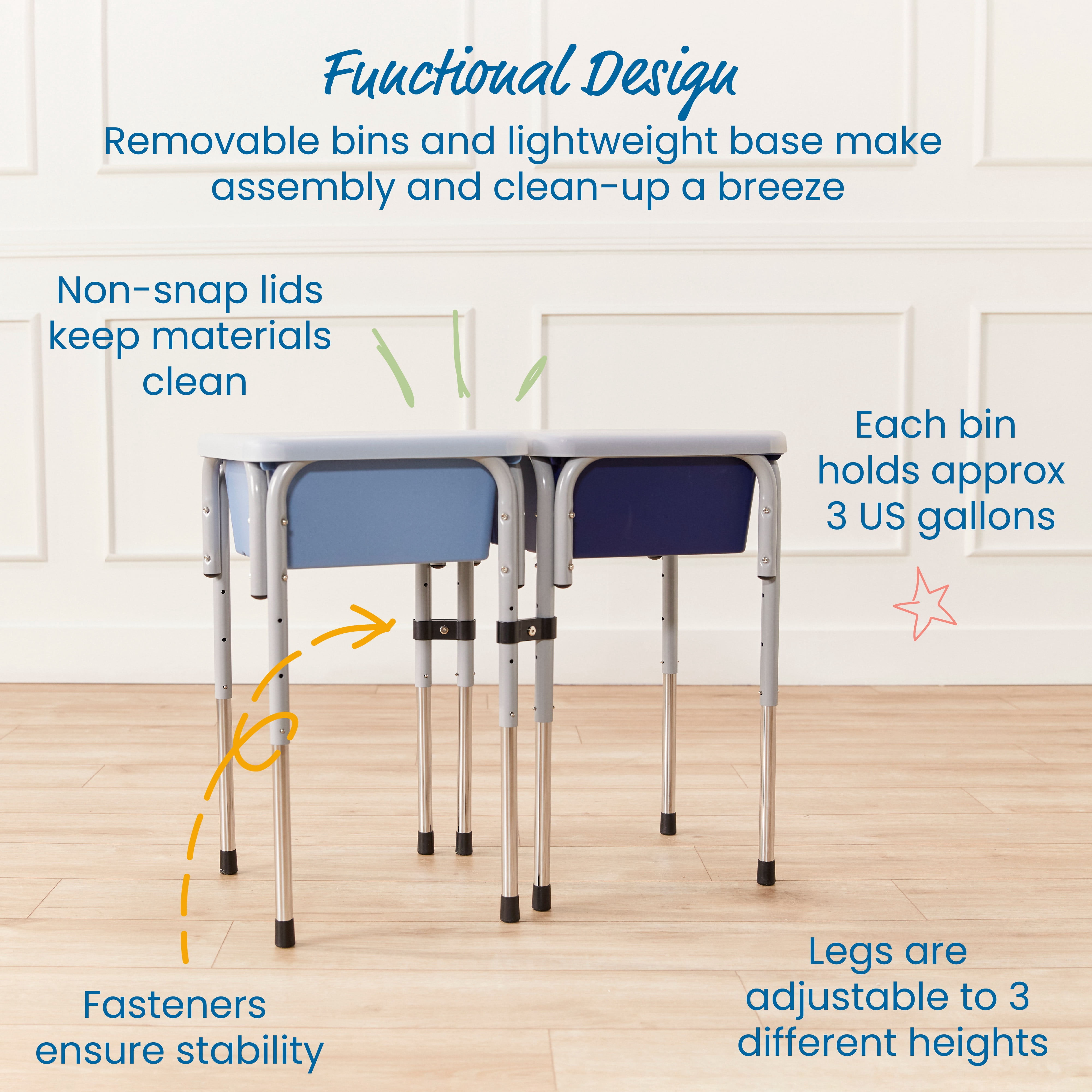 ECR4Kids 2-Station Sand and Water Adjustable Height Table, Sensory Bins, Navy/Powder Blue