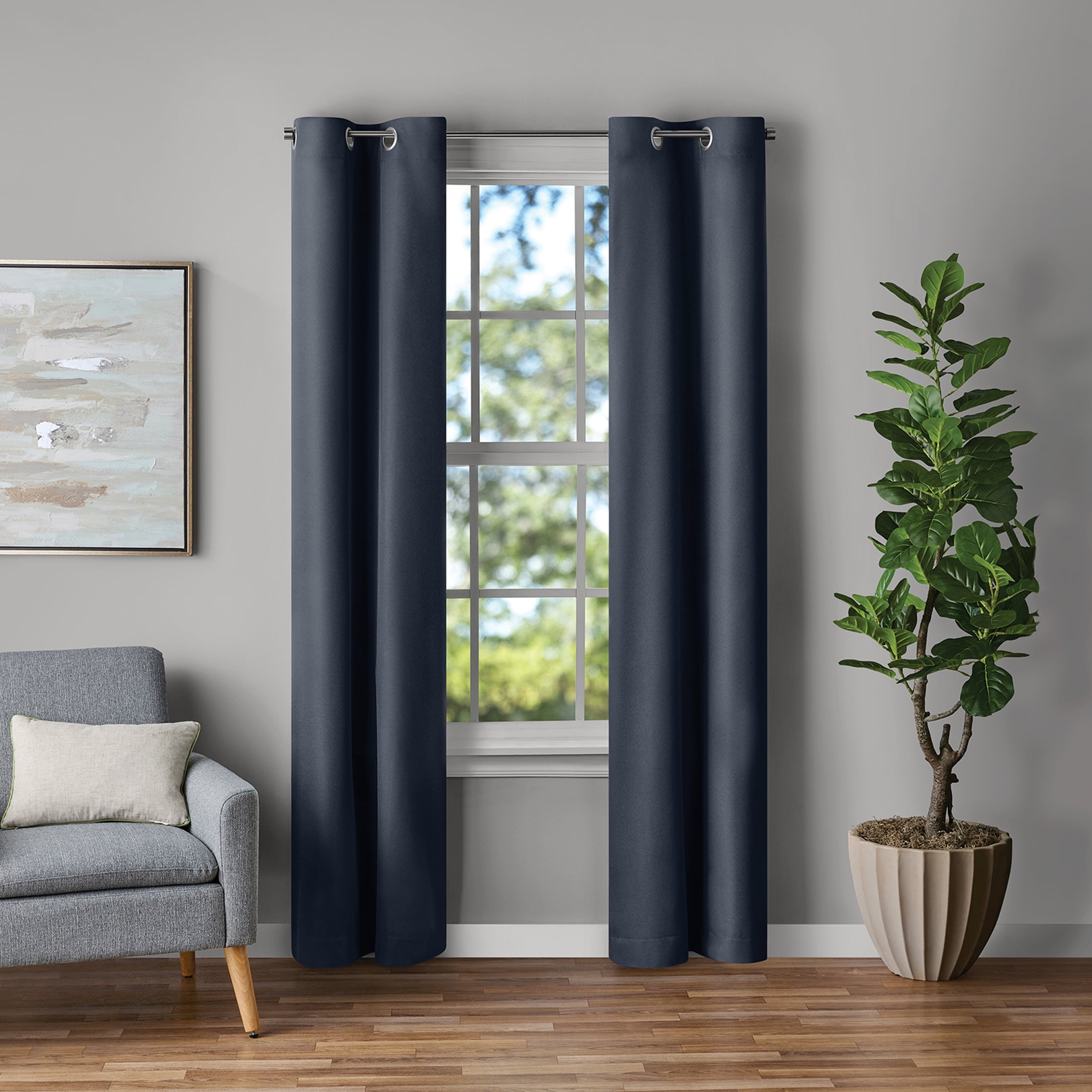 Mainstays Dark Navy Solid Blackout Grommet Curtain Panel Pair, Set of 2, 30" W x 84" L