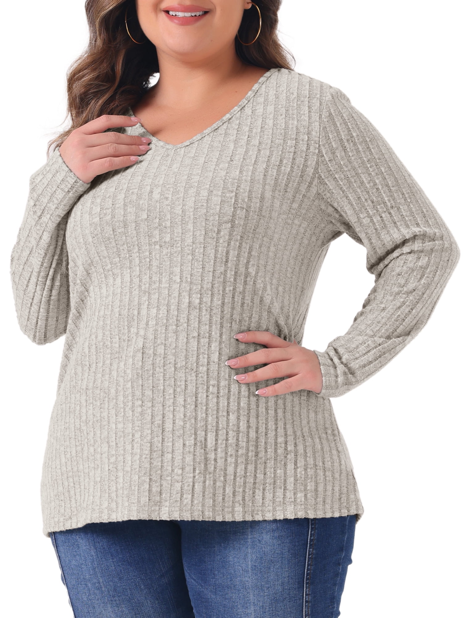 DARING DIVA Women's Plus V Neck Long Sleeve Basic Ribbed Blouse 3X Beige Brown