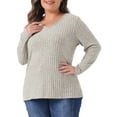 thumbnail image 2 of DARING DIVA Women's Plus V Neck Long Sleeve Basic Ribbed Blouse 1X Beige Brown, 2 of 6