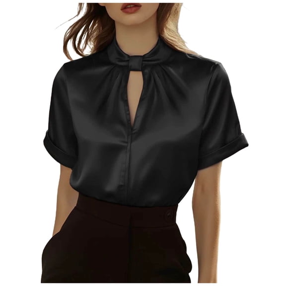 Lopecy-Sta Womens Blouses Dressy Pullover Solid Color Satin Shirt Short Sleeve Solid Blouse Twist Knot Casual Loose Tops