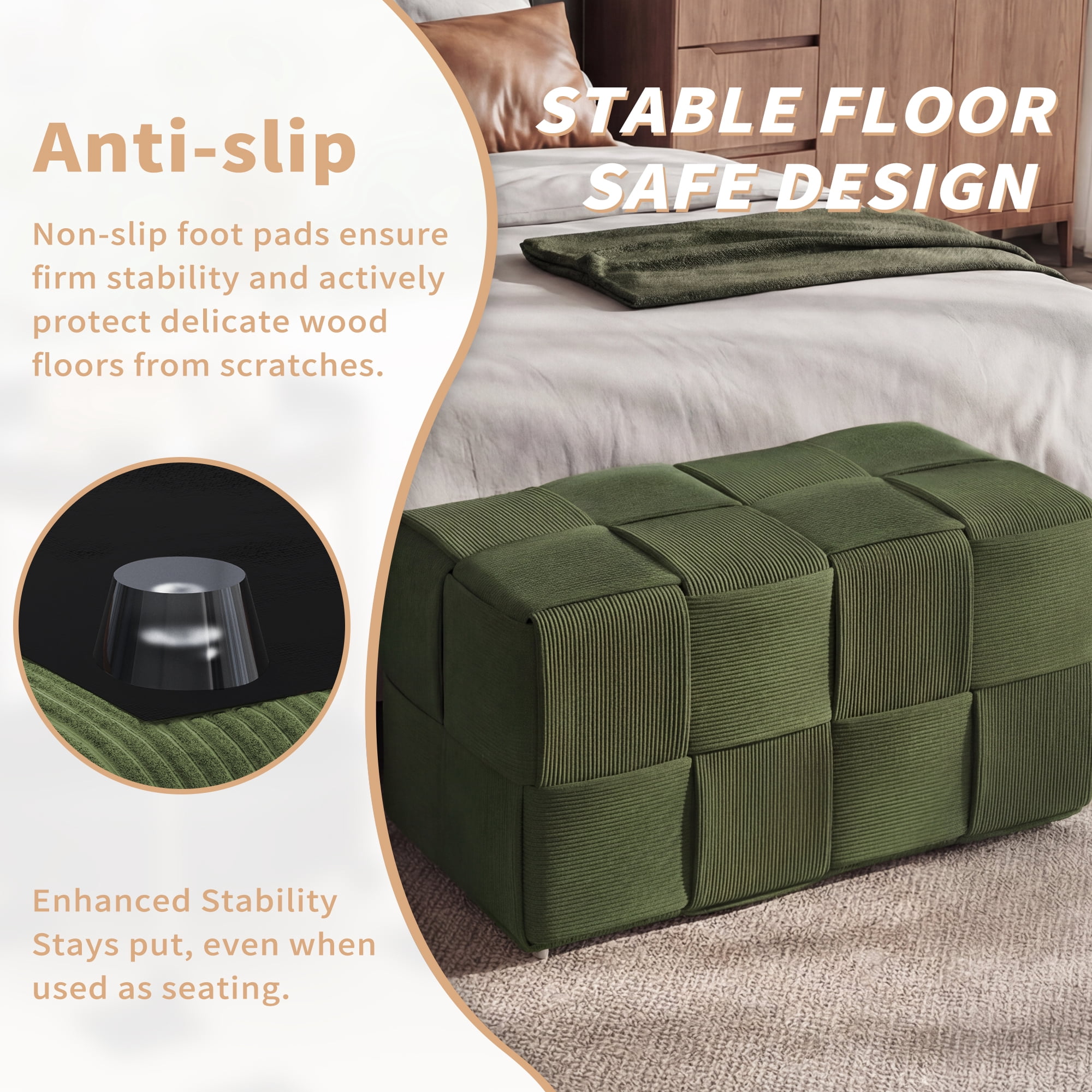 Corduroy Ottoman Foot Rest, Square Upholstered Stool with High-Density Foam and Wood Frame, 300 Lbs Capacity, Multi-Purpose Footstool for Living Room Bedroom Nursery, Green
