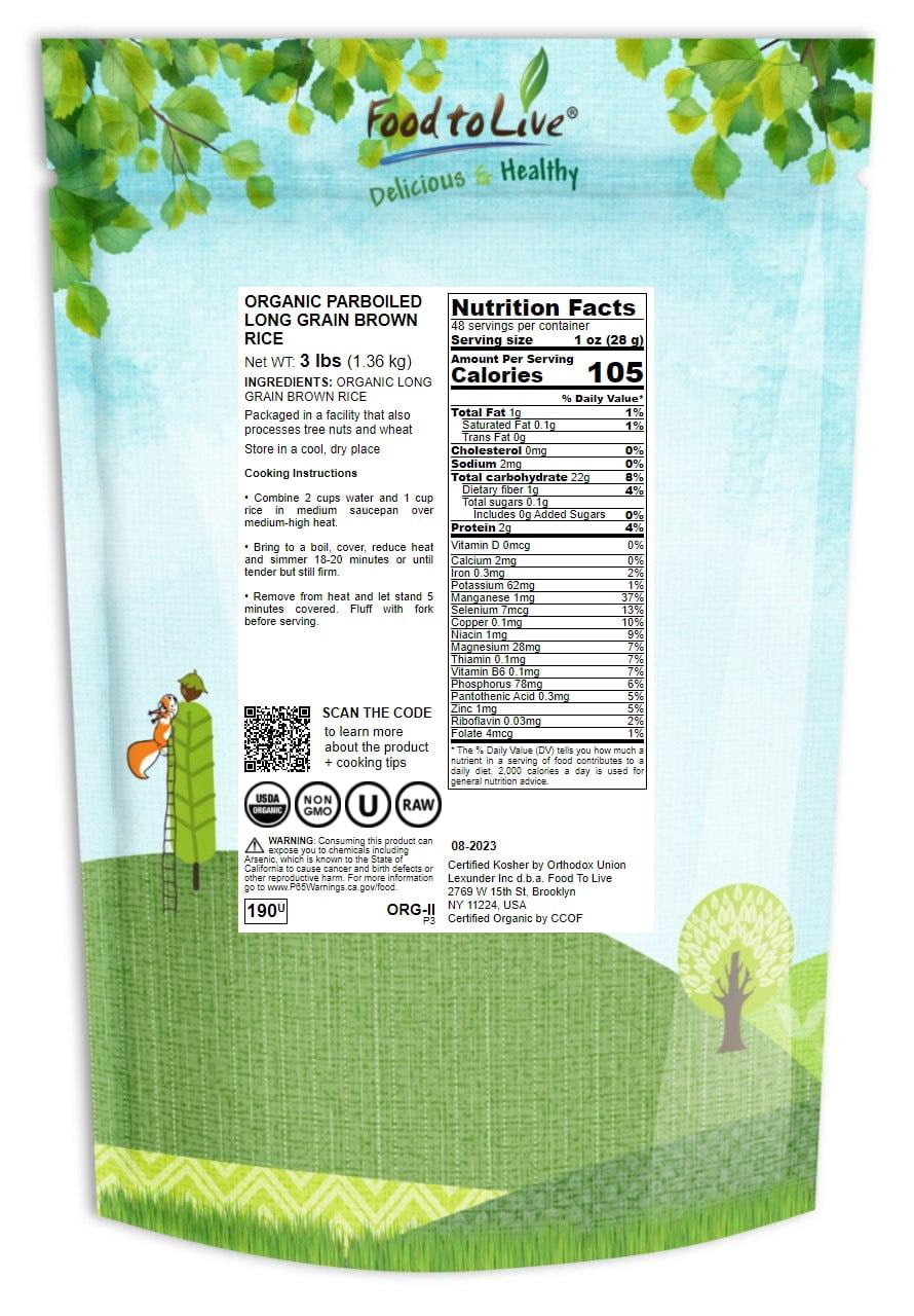 Organic Parboiled Long Grain Brown Rice, 3 Pounds — Non-GMO, Kosher, Vegan — by Food to Live