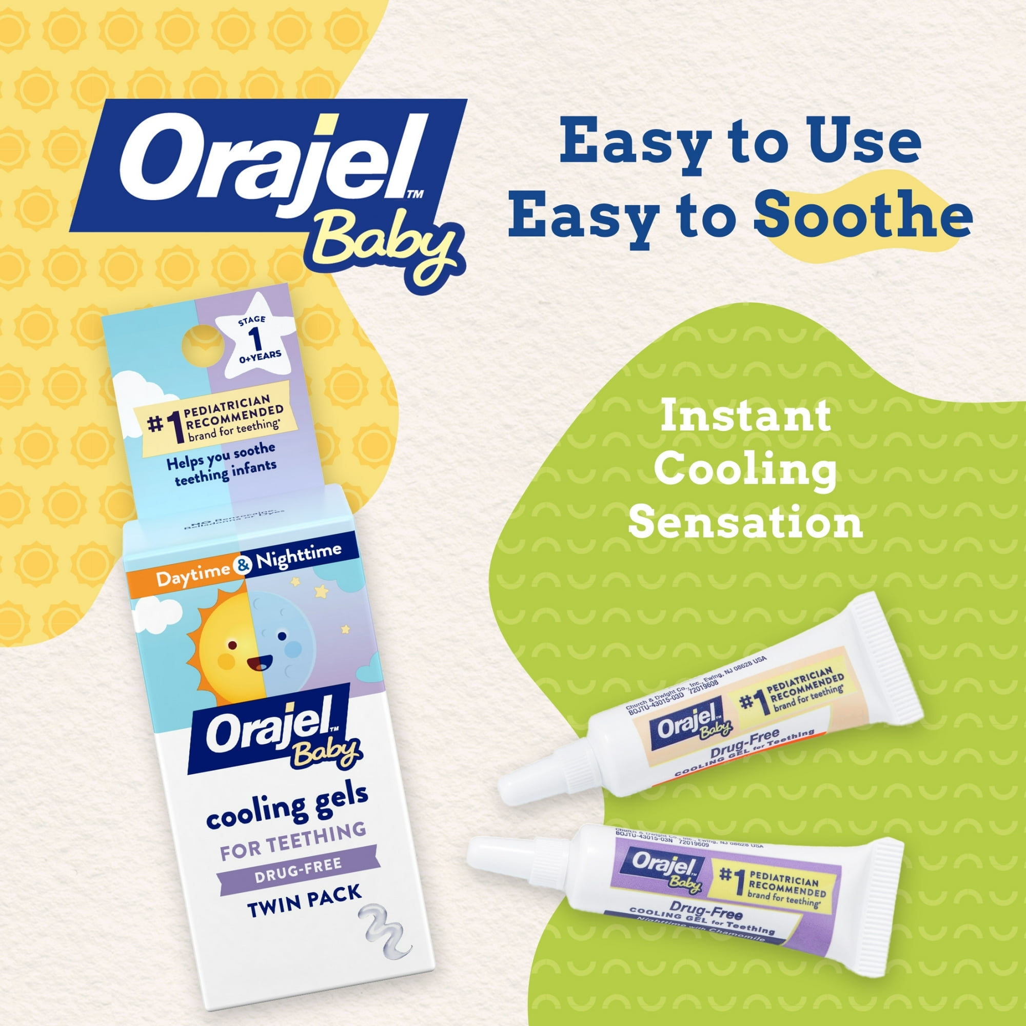 Orajel Baby Teething Cooling Gels, Drug-Free Relief for Painful Gums, Day & Night, 0.18 oz, 2 Ct