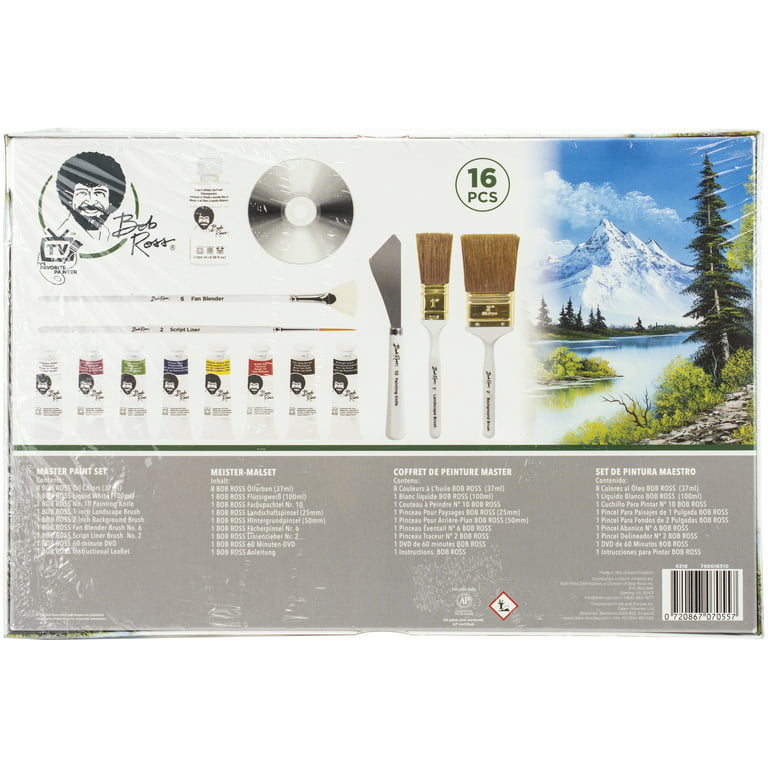 BobRoss Painting Supplies 33 Piece Complete Master Paint Set - Joy of  Painting Kit w/ 10 Brush, 2 Knife, 14 Landscape Oil Colors, Base Coat  4-Pack, Cleaning Bucket, Screen, Gift Box : : Home