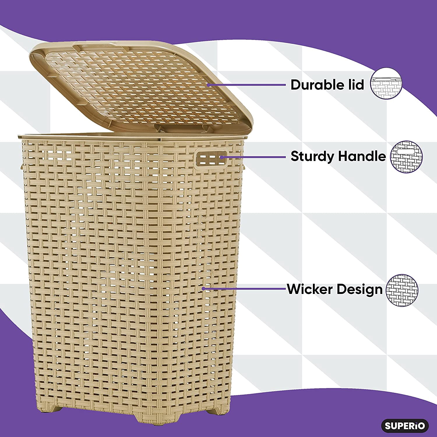 Superio 60L Large Wicker Plastic Laundry Hamper with Lid - Beige (3 Pack)
