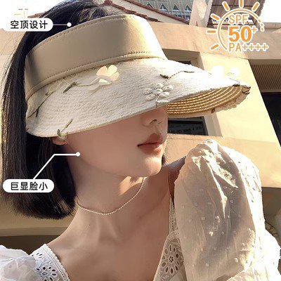 LinYooLi Japanese Purchasing Agent For Three-Dimensional Flower Grass Woven Empty Top Hat, Women's Summer Large Brim Sun Shading And Sun Protection Hat, Beach Sun Hat