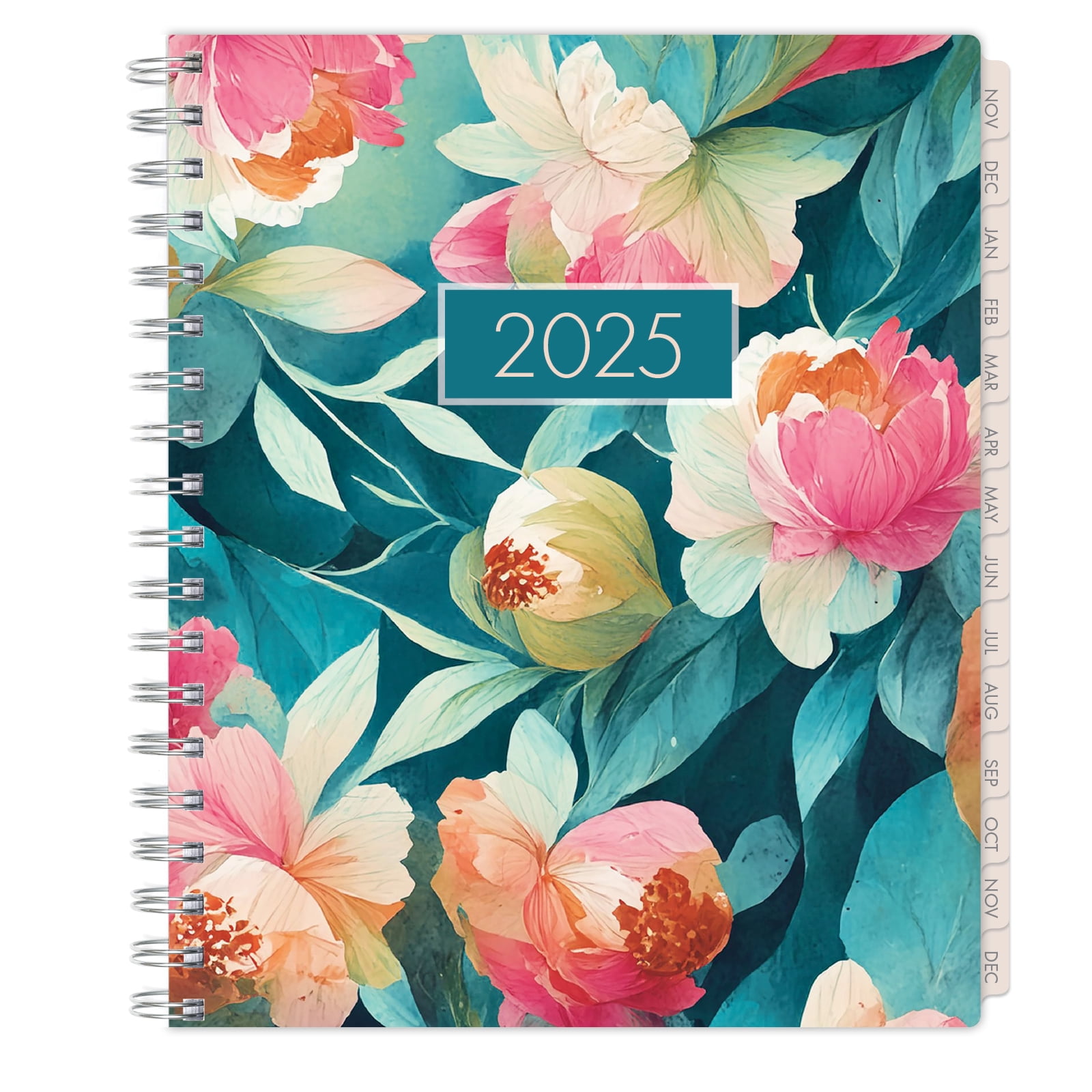 ESSENTIAL PRO 2025 Daily, Weekly & Monthly Planner, 7"x9": 14 Months (Nov 2024 - Dec 2025) Monthly Tabs,Daily Tracking,Notes Pages,Storage Pocket,Bookmark w Sticky Notes (Teal Floral)