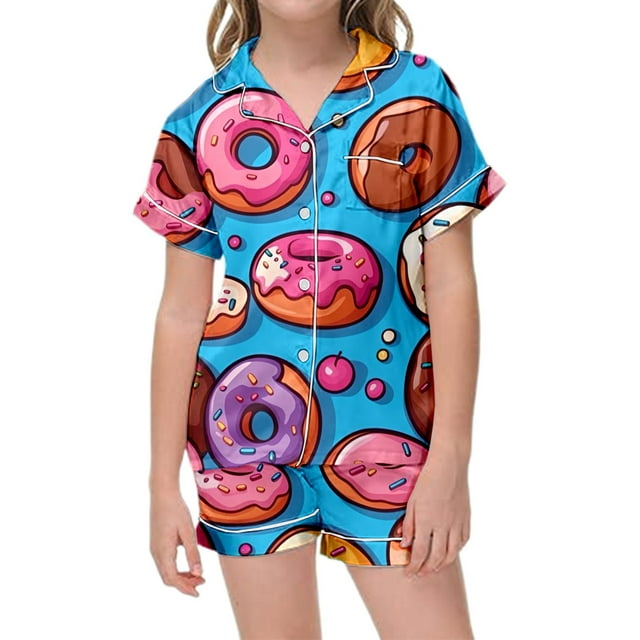 Pyjamas en Satin Imprimé Manches Courtes Ensemble de Pyjama Boutonné pour Fille Taille 6-7 Ans Garçons Filles Mode