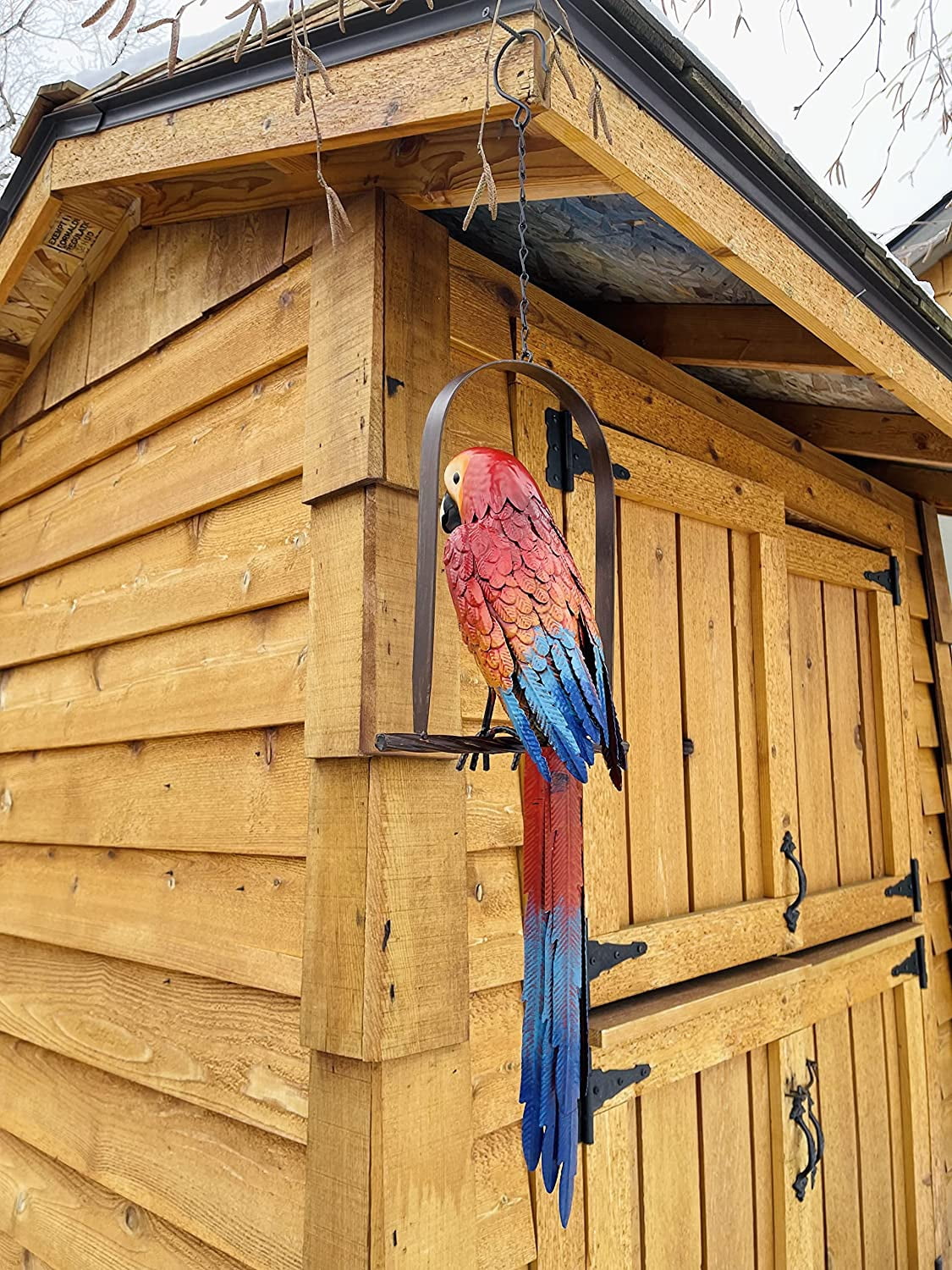 Hanging Whimsical Rustic Metal Swinging Macaw Parrot Tropical Bird On Chain Yard Garden Art