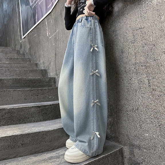Angala Toddler Girls Denim Pants Side Bow Detail Wide Leg Jeans With Pockets Fall Casual Girls Baggy Trousers