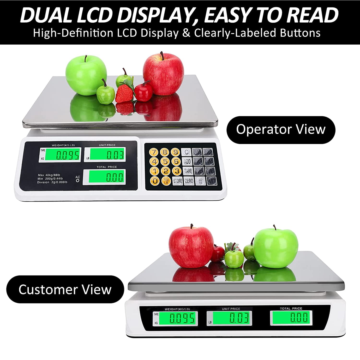 EAYSG Digital Commercial Food Scales 88lb/40kg Price Scale Food Produce Counting Weight Scale Dual LCD Display for Farmers Market, Retail Outlets, Meat Shop