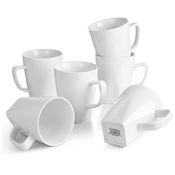 WishDeco White Coffee Mugs Set of 6, Ceramic Coffee Cups 14 oz, Modern Tea Mugs, Porcelain Tea Cups, Large Mug for Latte, Cappuccino, Milk, Juice, Cocoa, Square Bottom, Microwave and Dishwasher Safe
