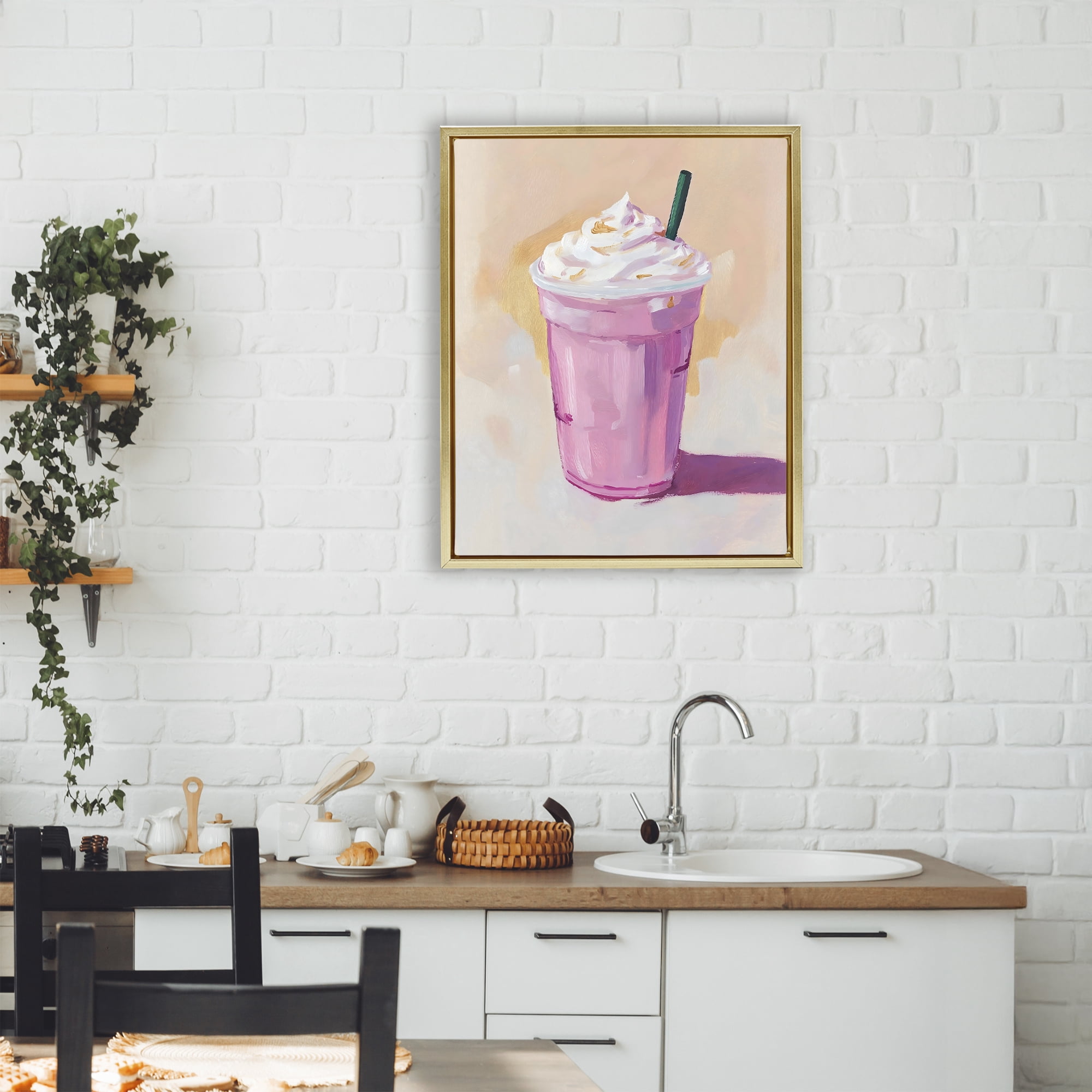 Stupell Industries Pink Strawberry Shake Gold Framed Floater Canvas Wall Art, design by The Prints Vibe