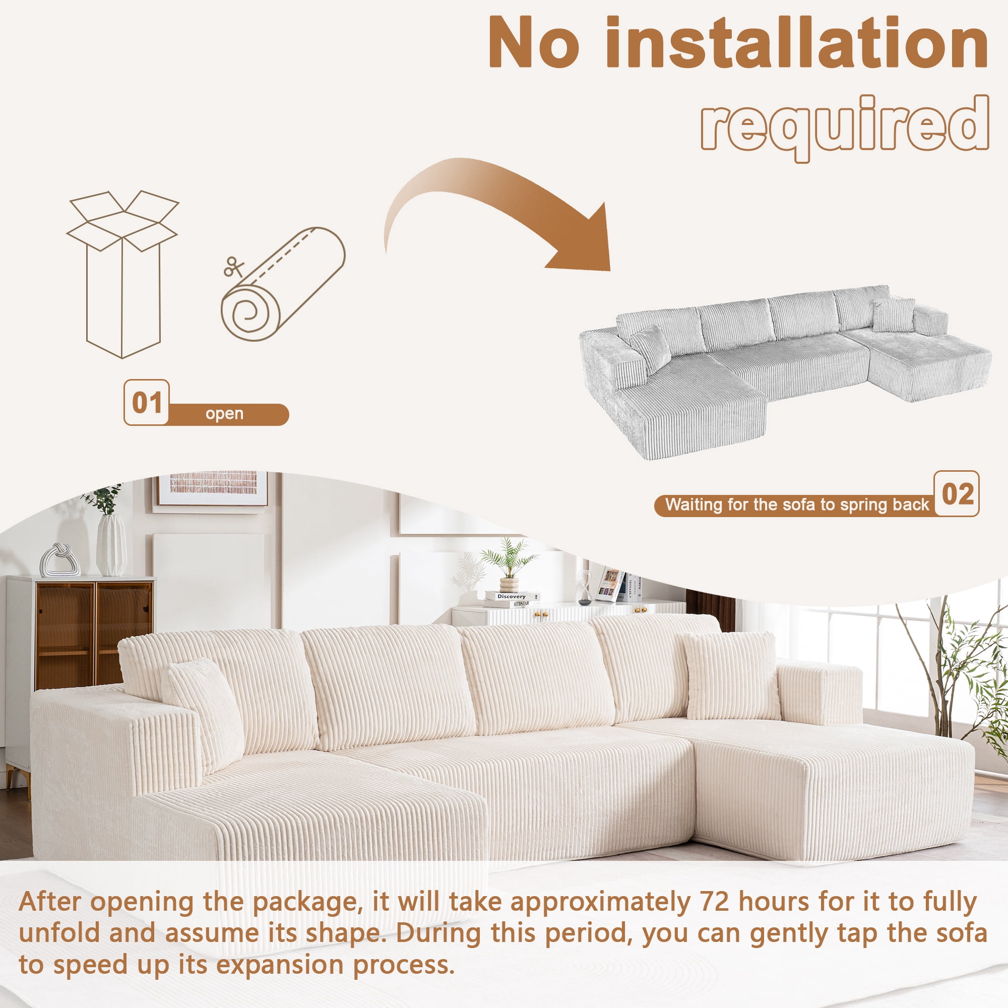 Noble House Frameless Modern Casual U-Shaped Sofa,Modular with Reclining Chair,White