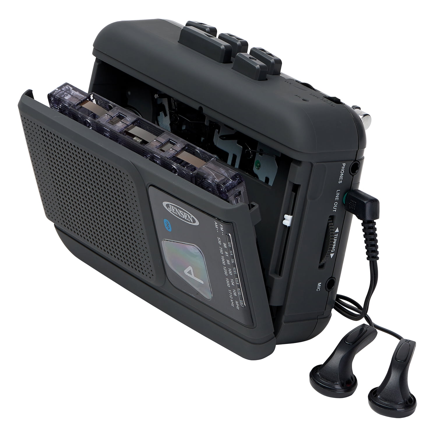 JENSEN Portable Bluetooth Personal Cassette Player/Recorder with Built-in Speakers, AM/FM Radio, Line Output, and Earbuds