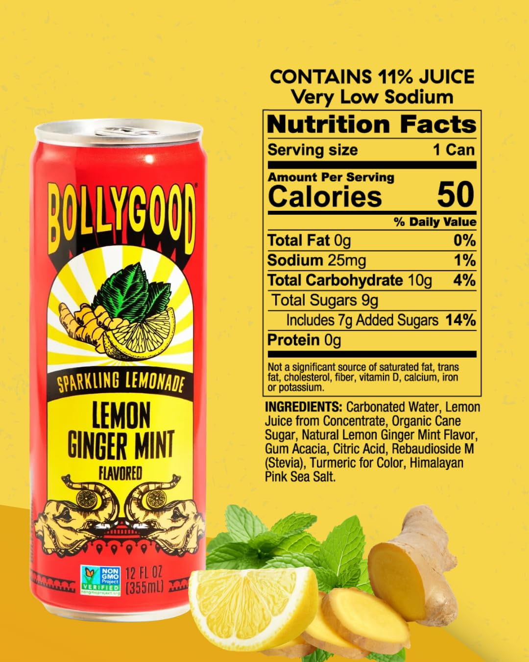 Bollygood Sparkling Lemon Ginger Mint Beverage Non-GMO 12oz Can