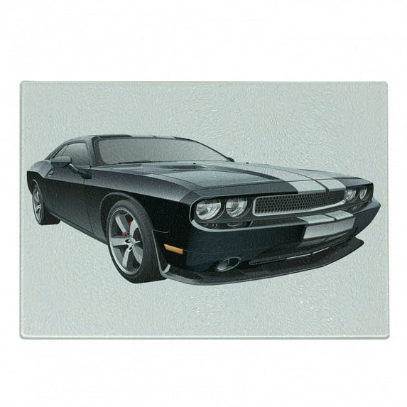 Cars Cutting Board, Black Modern Pony Car with White Racing Stripes Coupe Sports Dragster Print, Decorative Tempered Glass Cutting and Serving Board, Small Size, Black Grey White, by Ambesonne