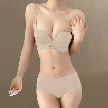 UKLSQMA Women s Solid Color Invisible Backless Seamless Bra and Underwear Set Sexy Lingerie for Women Backless Plus Size Lingerie Beige XL