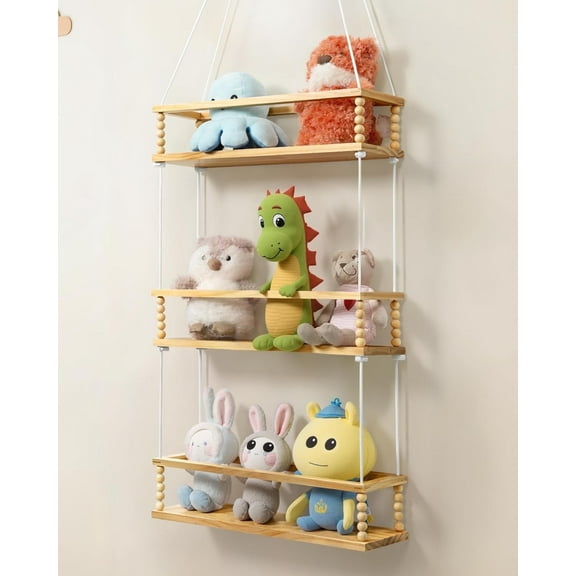 Sumgar Stuffed Animal Storage 3 Tier Hanging Toy Organizer Adjustable Stuffies Animals Hammock Plush Holder Nursery Decor Wooden Floating Shelf for Kids Room, Home Decor Gift