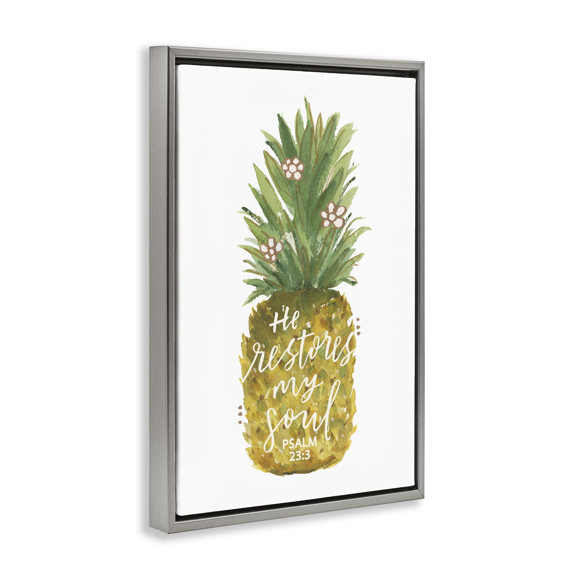 Stupell Industries Restores My Soul Pineapple Religious & Spiritual Painting Gray Floater Framed Canvas Art Print Wall Art, 17 x 25