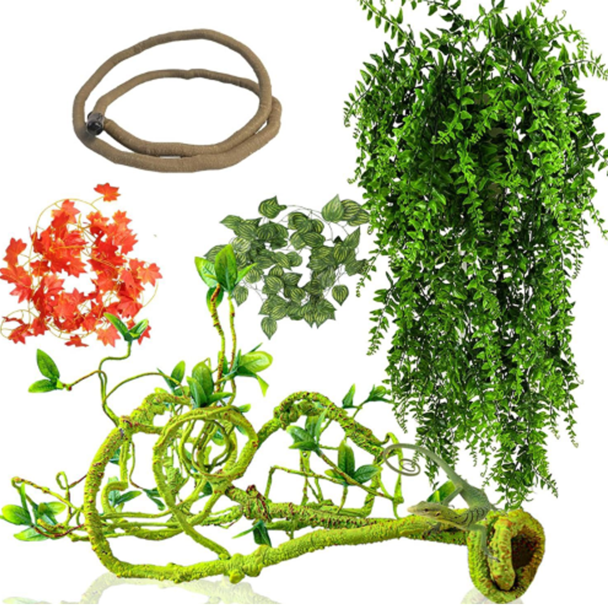 Reptile Vines, Flexible Jungle Climbing Vines Terrarium Plastic Plants and Leaves Tank Accessories Decor for Gecko Lizard Bearded Dragon