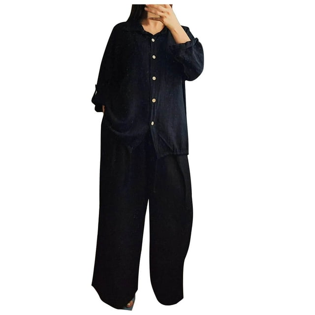 Timegard Wide Leg Sets for Women 2 Piece Plus Size Fall Long Sleeve Shirts Pants Casual Solid Color Outfits