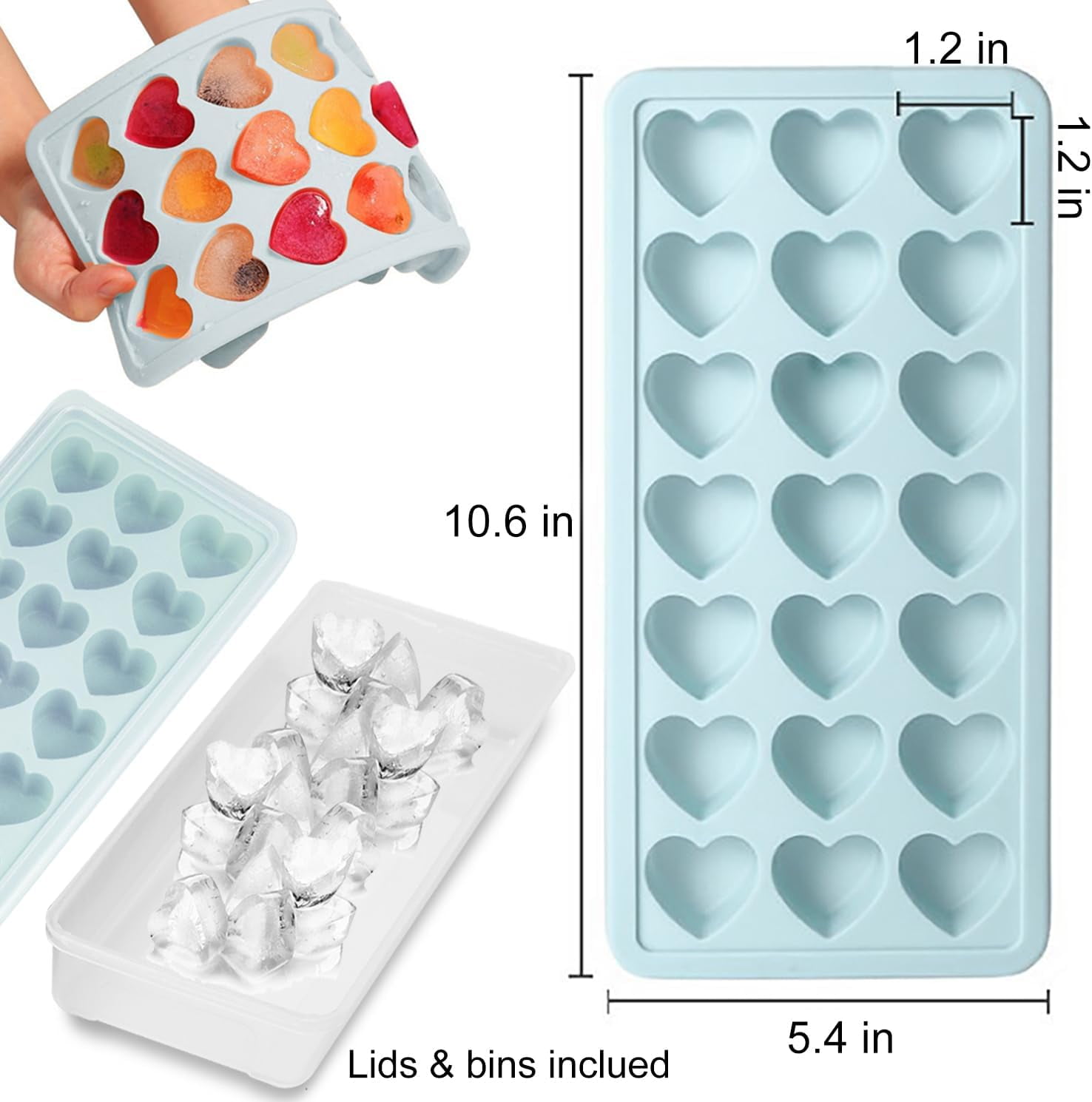 2 Pack Heart Shpaed Ice Cube Trays with Lids, 42 Holes Silicone Heart Ice Cube Molds for Whiskey, Cocktail, Fun Shapes Ice Cubes, Chocolate, Candle, Candy, Jelly, Jello - with Lids Bins
