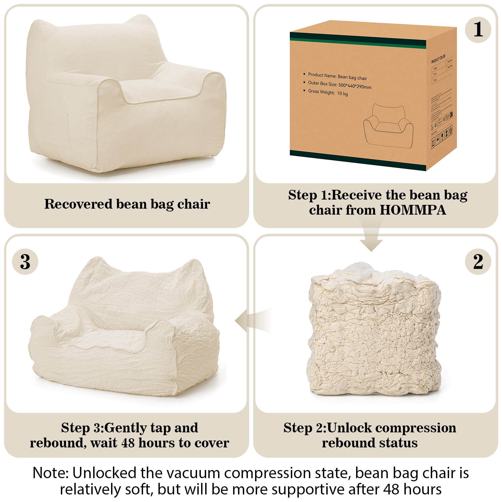 Lusimo Bean Bag Chair for Adults Teens, 3FT Lazy Memory Foam Bean Bag Sofa for Bedrooms, Cat-Ear Design Couch with Corduroy Washable Cover, Lounge Chairs with Pocket for Gaming, Reading, Beige