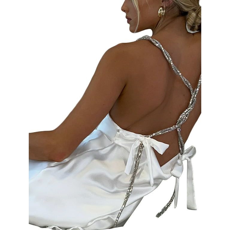 Women Sexy Spaghetti Strap Low Cut Sling Dress Summer Backless Sleeveless  Slim Mini Dress(Chain-White, Medium)