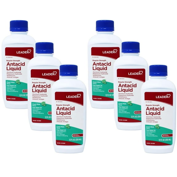 Leader Regular Strength Antacid Liquid, Cool Mint, 12 fl oz - 6 Pack