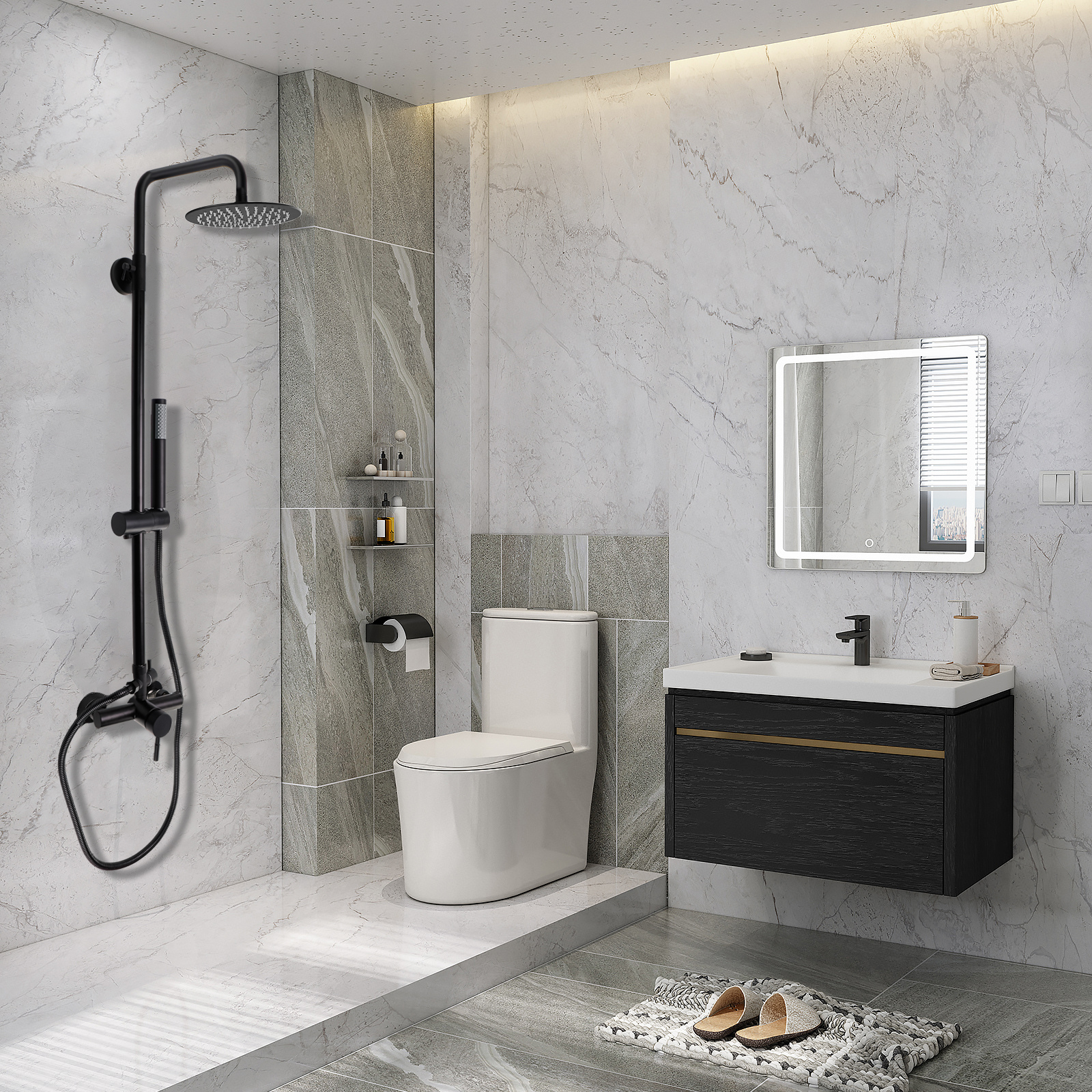 iMeshbean Black Shower Faucet Set 8" Rainfall Shower Head Combo System w/ Mixer Valve Kit