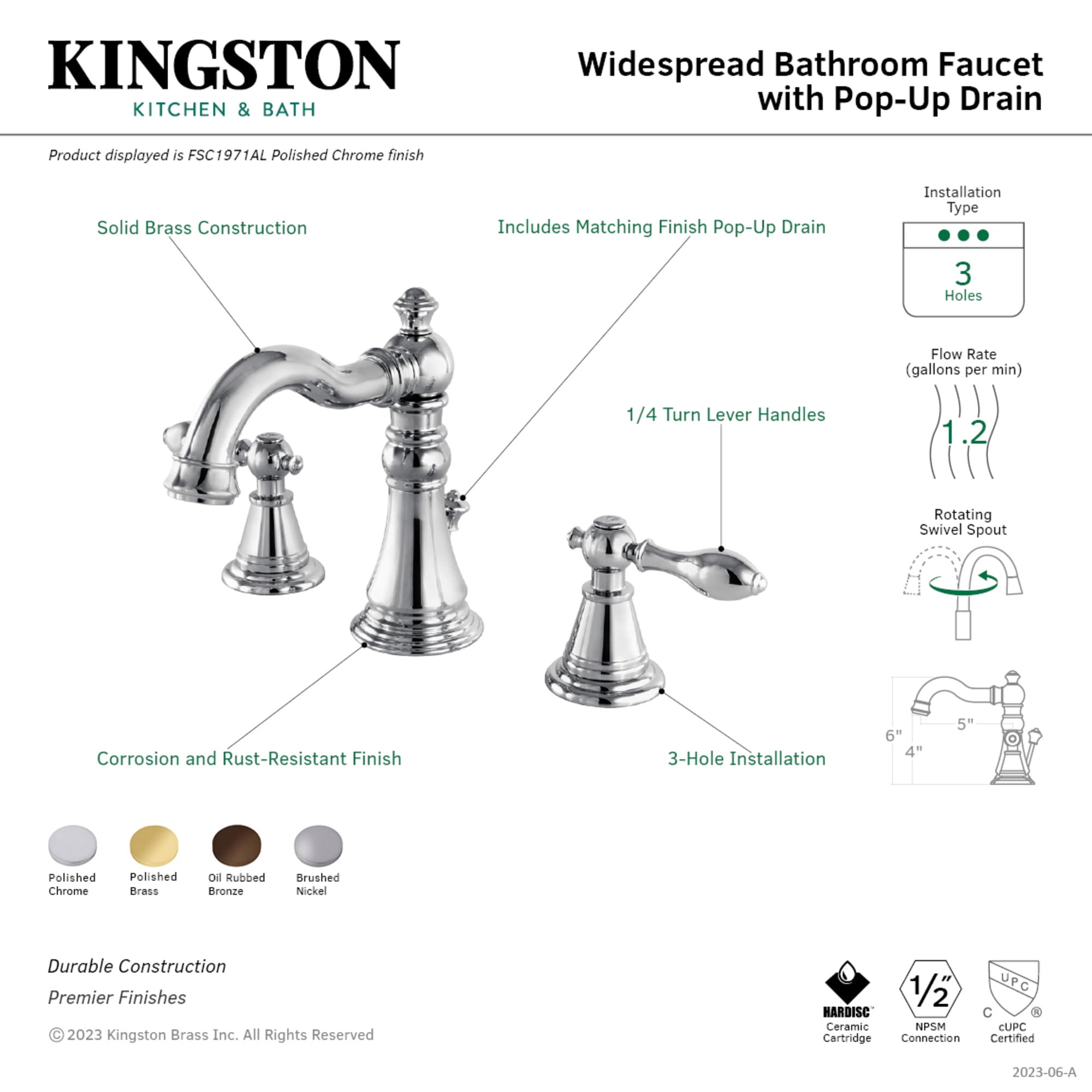 Kingston Brass FSC1971AL English Classic Two-Handle 3-Hole Deck Mount Widespread Bathroom Faucet with Pop-Up Drain in Polished Chrome